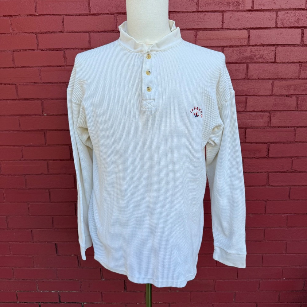 Tabasco Henley Thermal Shirt Mens Large Long Sleeve Waffle‎ Knit Button Logo Top